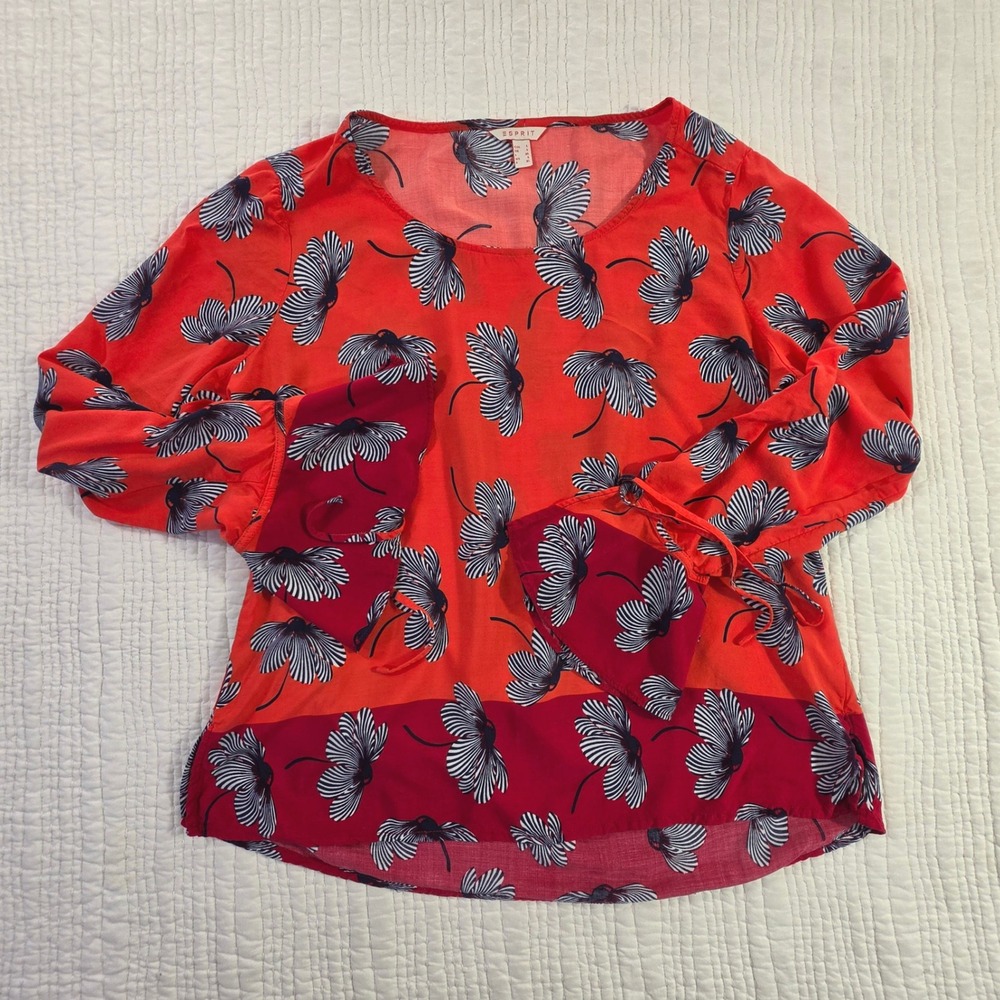 Esprit Women Orange Red Floral Viscose Blouse 3/4 Tie Sleeve Top Size L 6138005